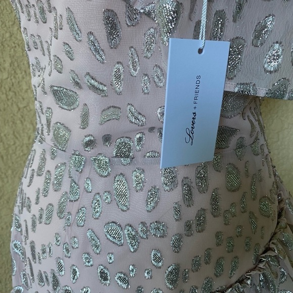 Lovers+Friends One Shoulder Asymmetrical Midi Gown Rose & Metallic Silver M NWT - Picture 7 of 9